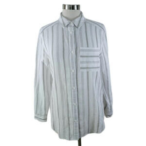 Liz Claiborne Womens Linen Blend LS Button Up Gray White Striped Blouse Shirt S